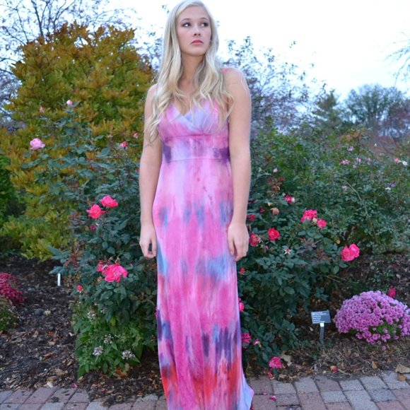 NEW long silk formal summer dress small red purple pink blue ombre painted blush - Picture 1 of 8